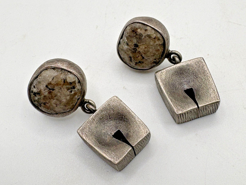 Modernist Sterling 925 Stone Dangle Drop Earrings Geometric Unique Stud 10.37g